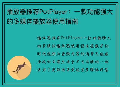 播放器推荐PotPlayer：一款功能强大的多媒体播放器使用指南